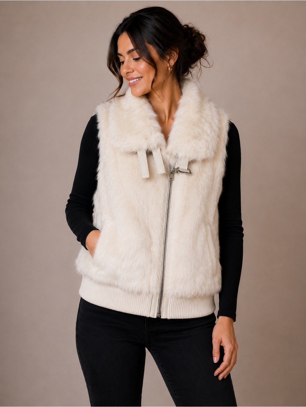 Wilsons Leather Genuine Rabbit Fur Ivory Zip Vest Leather Trim Vintage